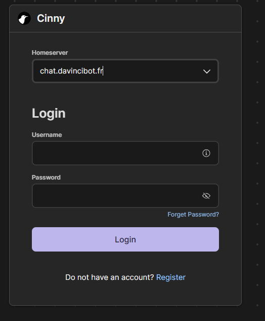 Saisie du homeserver chat.davincibot.fr
