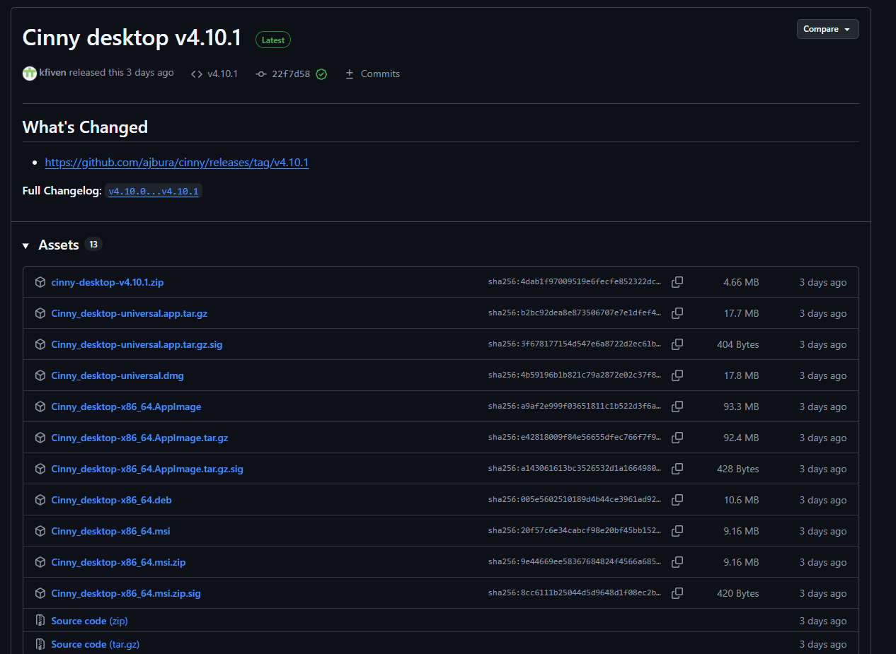 Page des releases Cinny